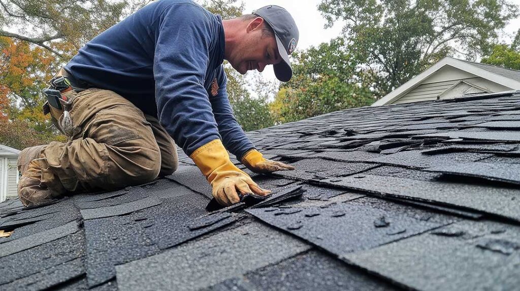 A close-up of sun-faded roofing shingles with visible wear and discoloration.