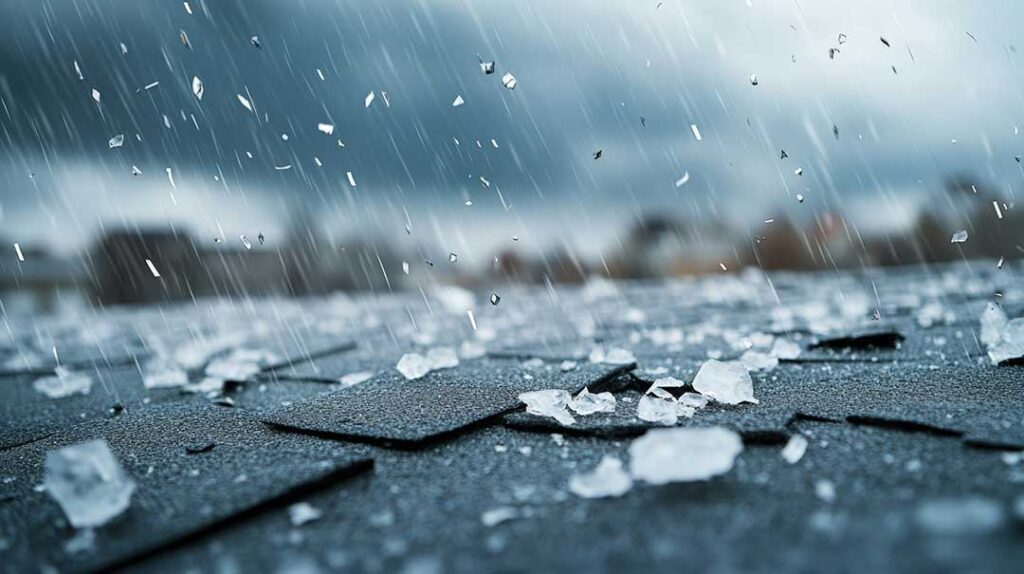 Homeowner examines dented shingles and metal flashing after a hailstorm using binoculars from the ground.