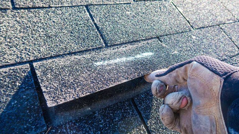 Close view of metal flashing around a chimney where shingles meet a sloped roof.